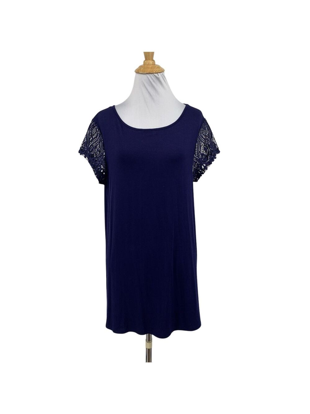 Loveappella Tunic Top Womens L Large Navy Atherton Lace Sleeve Knit Stitch Shirt